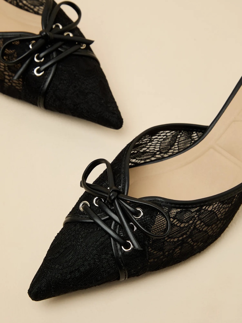 Black Lace Bow Kitten Heel Mule Pumps